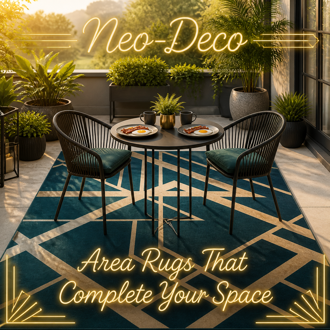 Editorial display of dramatic Neo Deco area rugs with black, gold, cream, blue and warm geometric patterns