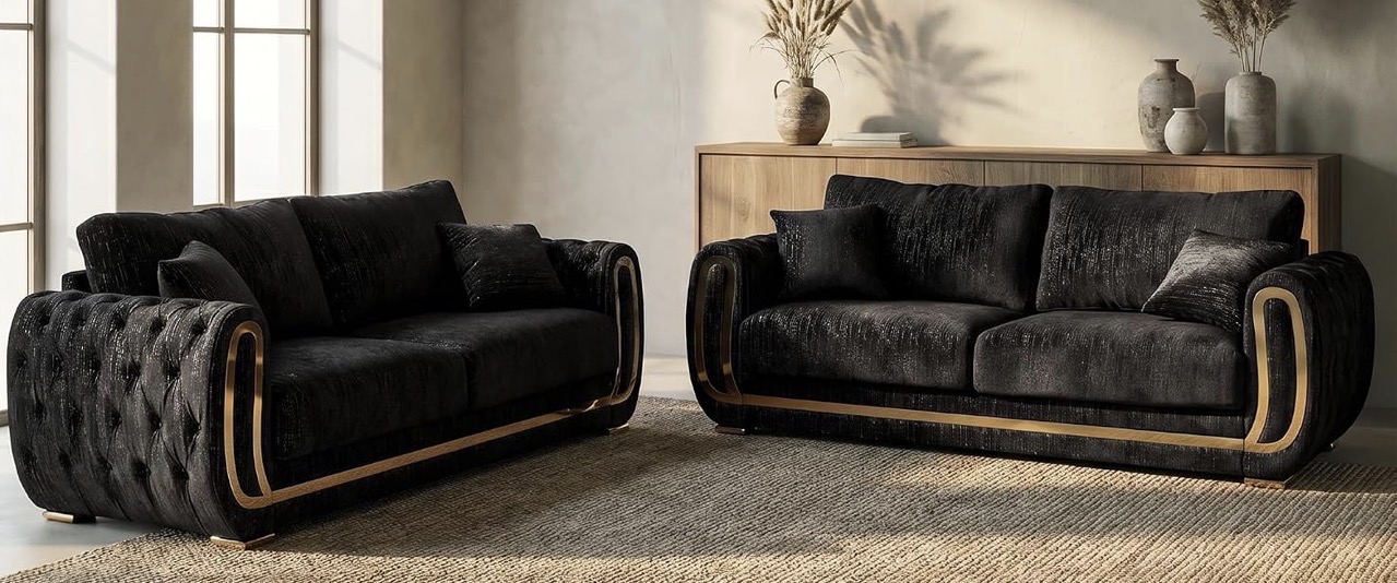Black and gold upholstered living room sofa set
