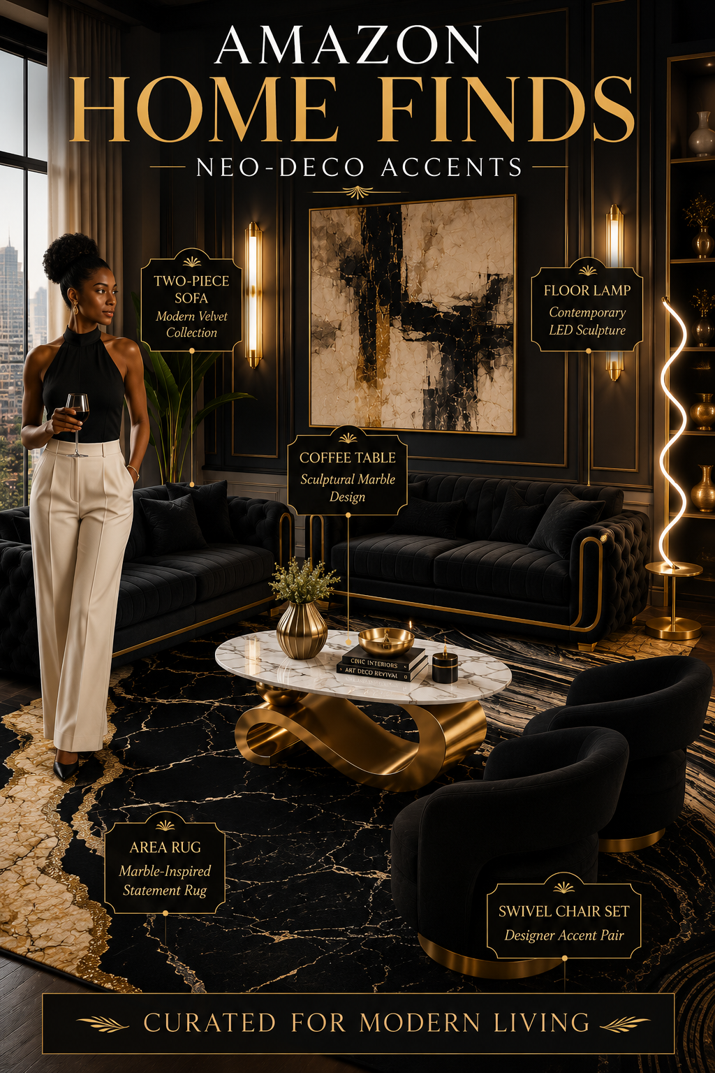 Black and gold Neo Deco living room with black sofas, curved accent chairs, a white marble and gold coffee table, black-and-gold area rug and sculptural LED floor lamp
