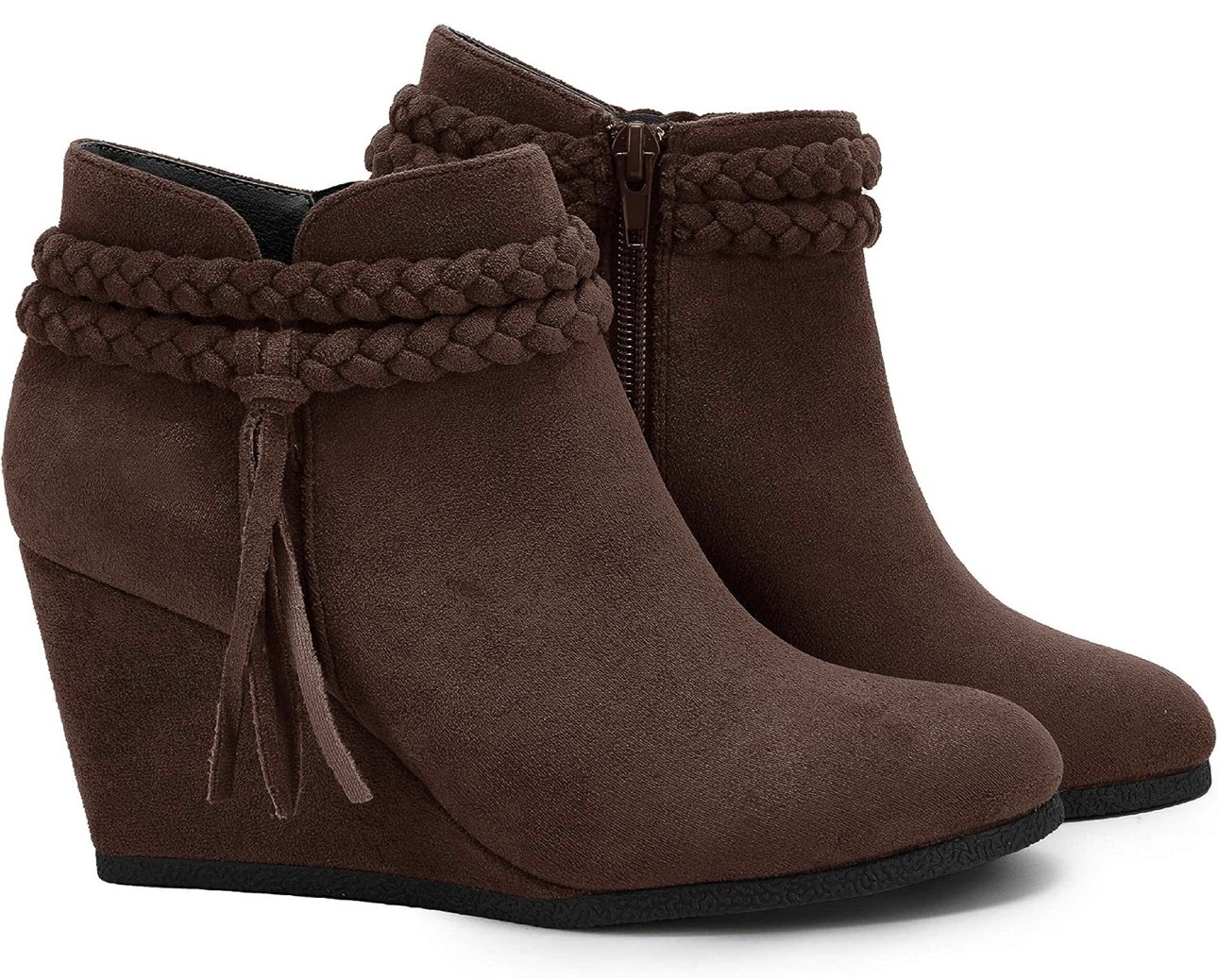 Chocolate brown suede wedge ankle boots with braided trim.